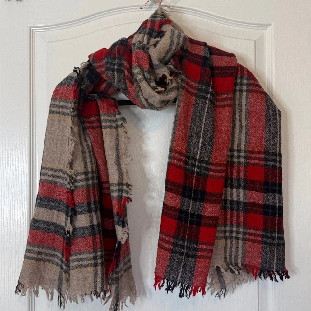 Madewell 100% Wool Scarf Red Blue and Tan